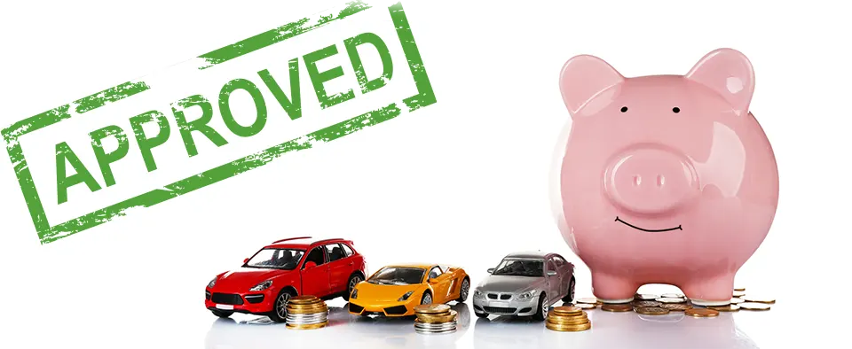 CCJ car finance approved stamp next to a piggy bank, coins and 3 toy cars